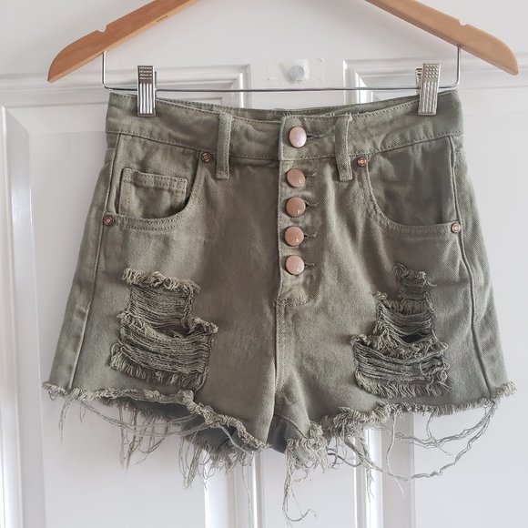COTTON ON The Flashback High Rise Distessed Button Fly Olive Green Short SZ 4 - Picture 4 of 15